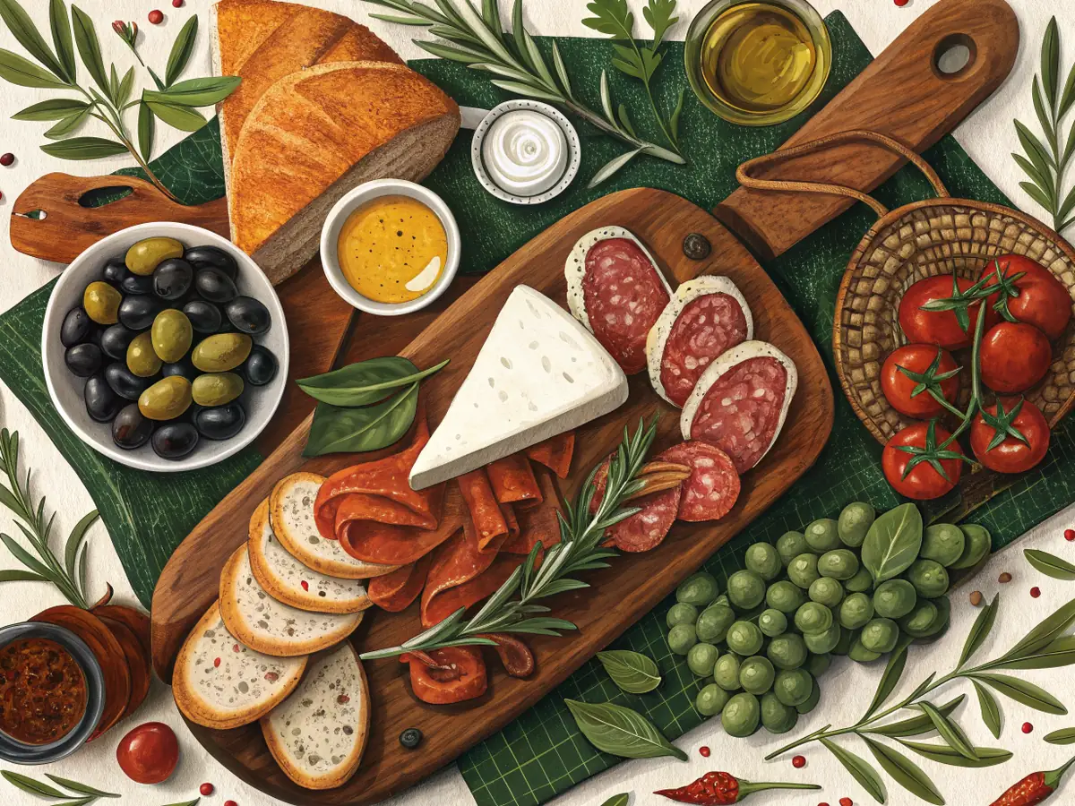 Illustrazione in carta ritagliata di salumi, formaggio, pane, olive e pomodorini su un tagliere