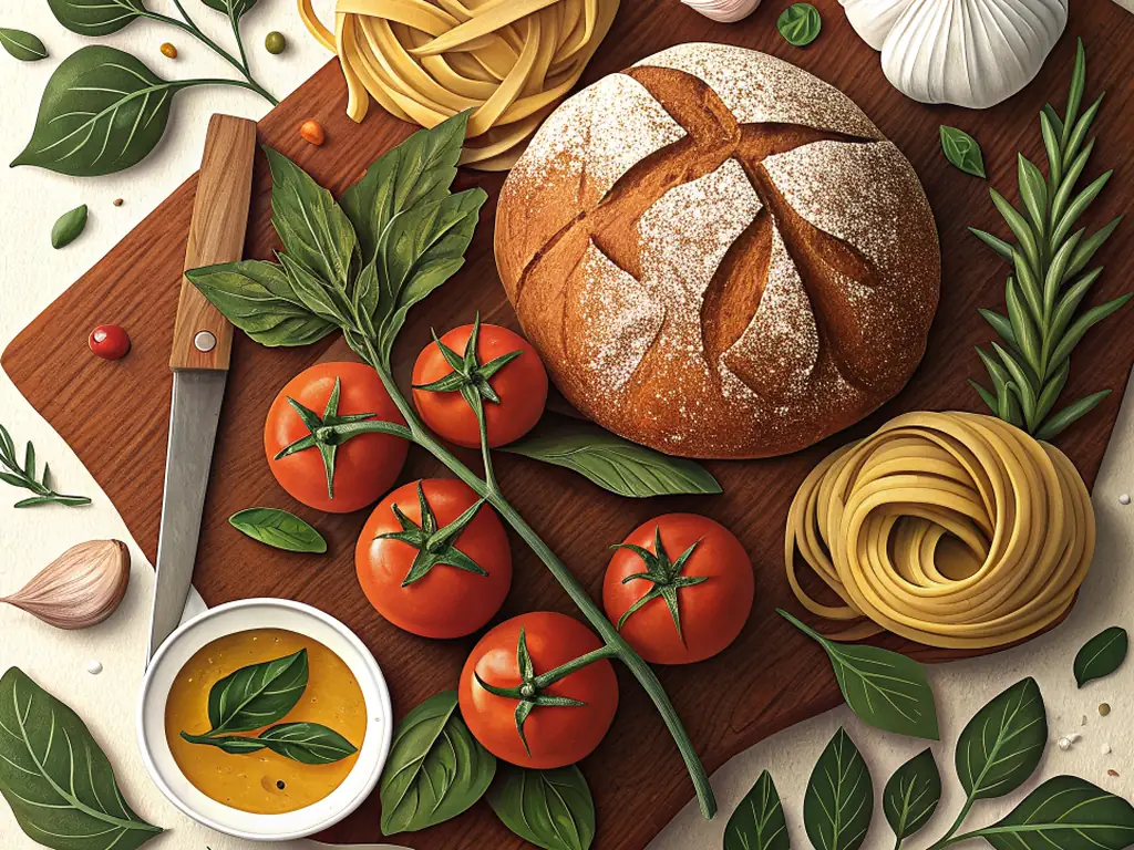 Illustrazione in carta ritagliata di pane casereccio, pomodori, basilico, tagliatelle e olio su un tagliere