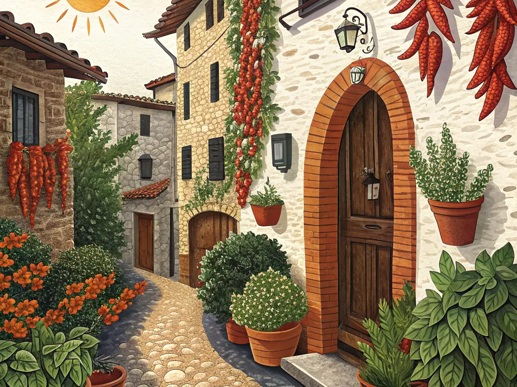 Illustrazione in carta ritagliata di un vicolo di borgo con peperoncini appesi e vasi di basilico