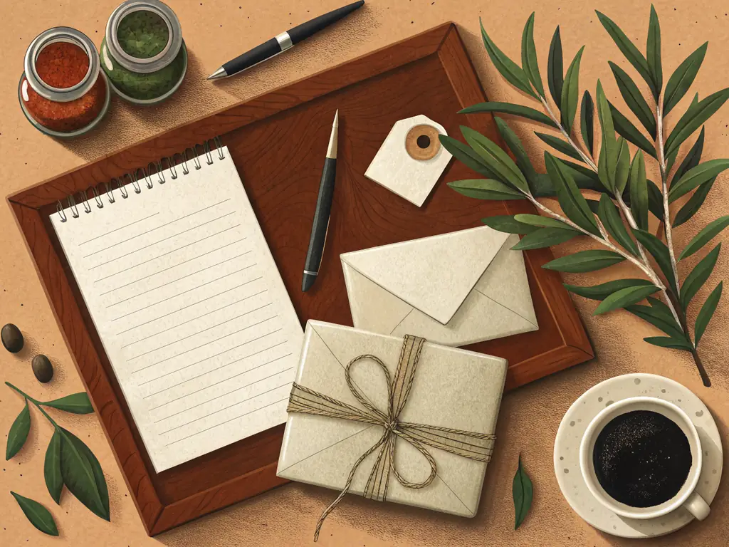 Illustrazione in carta ritagliata di una scrivania con taccuino, busta, pacchetto e caffè
