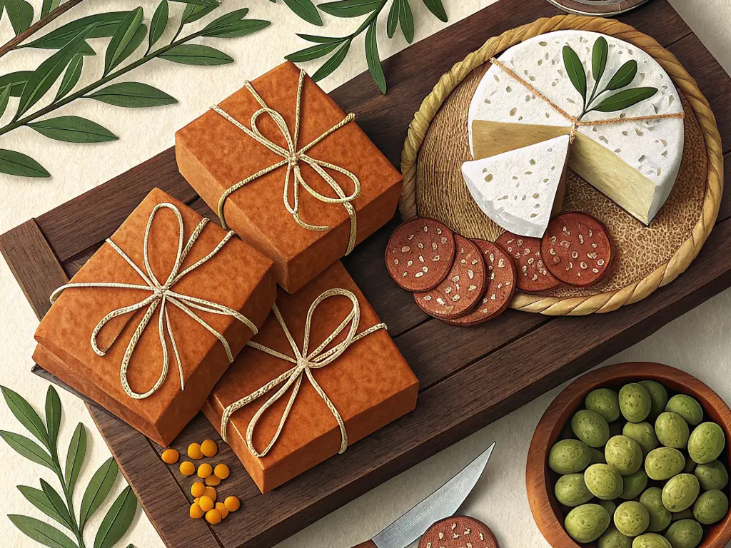 Illustrazione in carta ritagliata di pacchi legati con lo spago accanto a formaggio, salame e olive