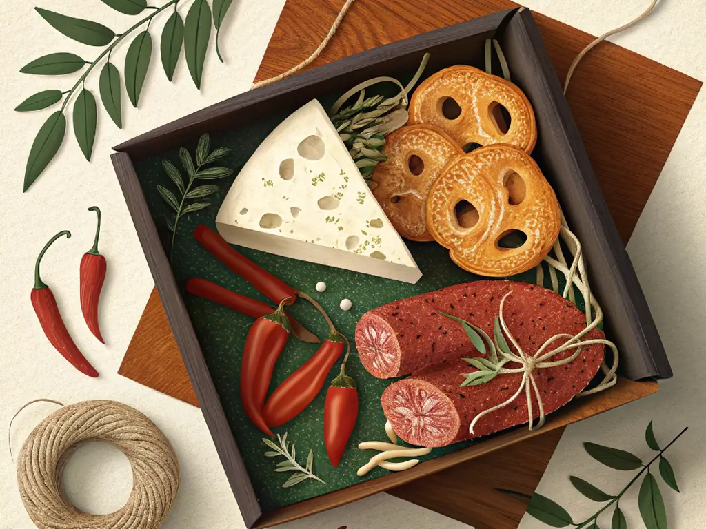 Illustrazione in carta ritagliata di una scatola di spedizione con formaggio, salame, taralli e peperoncini
