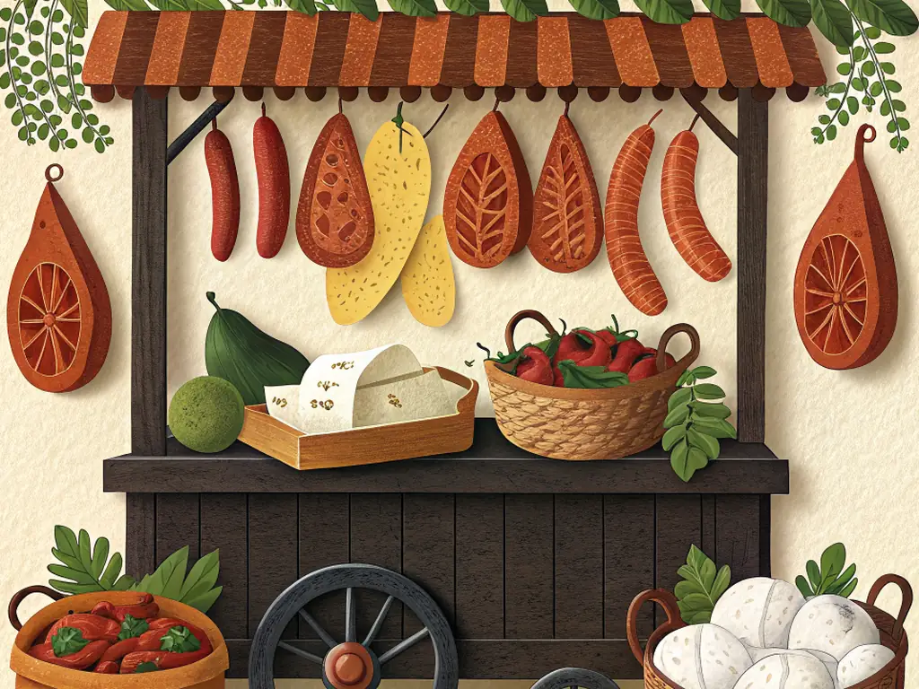 Illustrazione in carta ritagliata di un banco di bottega con salumi e caciocavalli appesi e cesti di prodotti